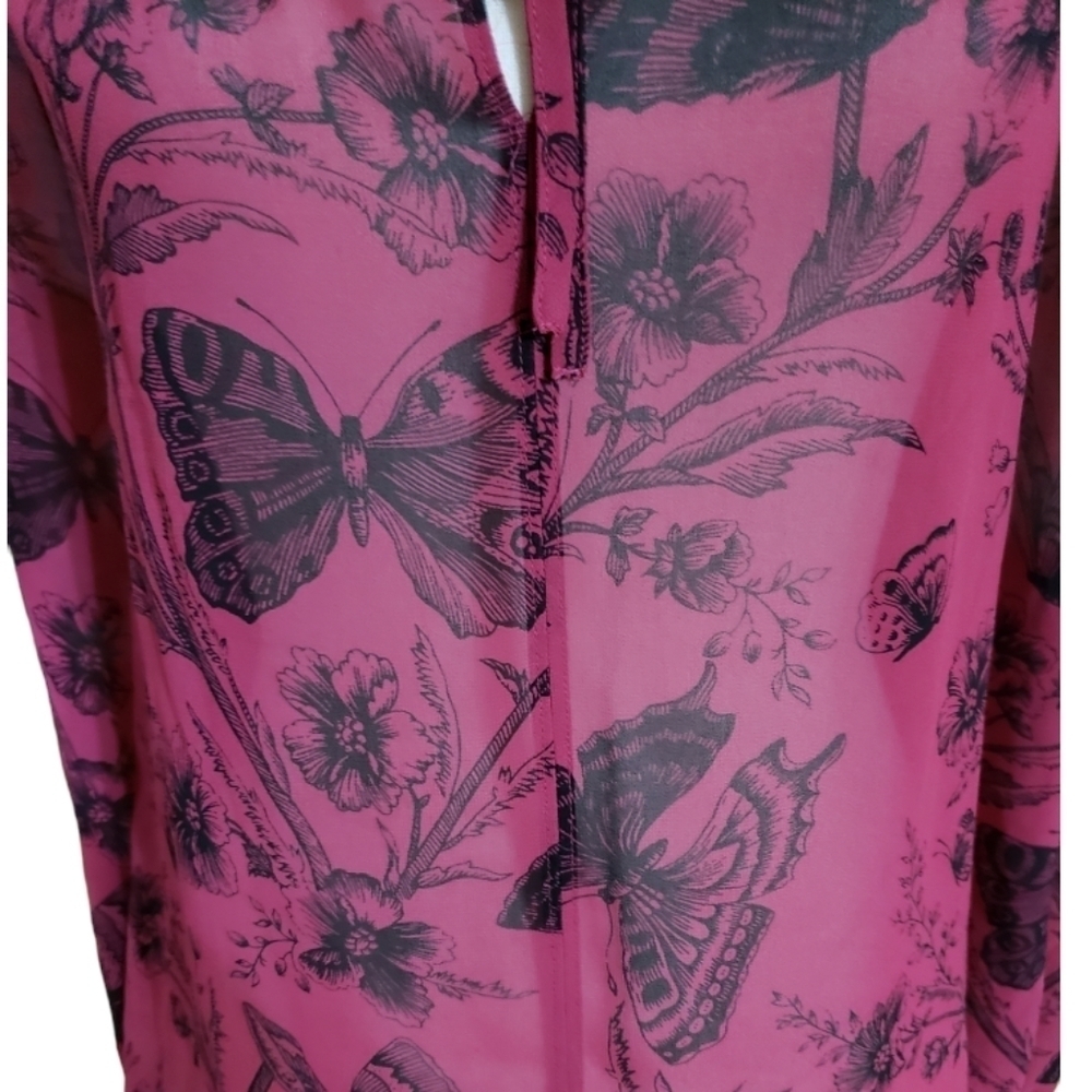 Ann Taylor Loft Womens Blouse Red BLACK BUTTERFLIES Size SP Long Sleeve Sheer - Picture 5 of 8